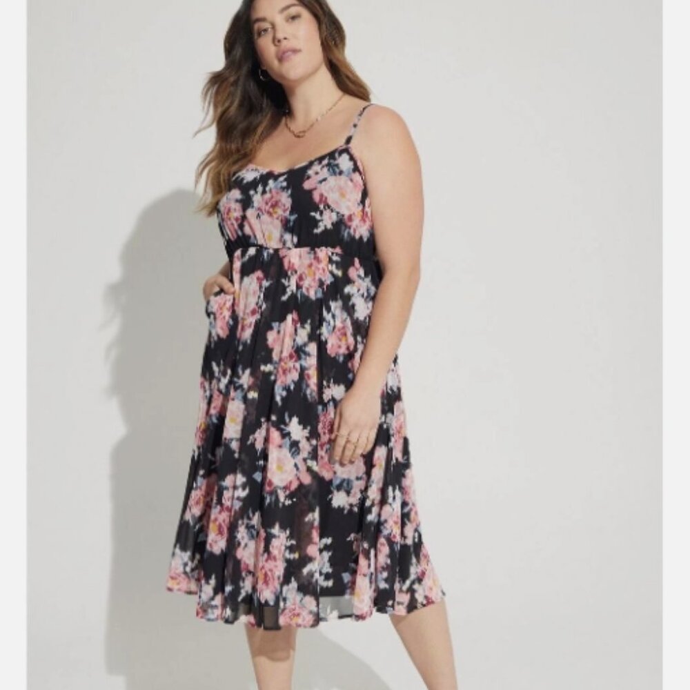 Womens Midi Chiffon‎ Pleated Dress Black Floral Size 1